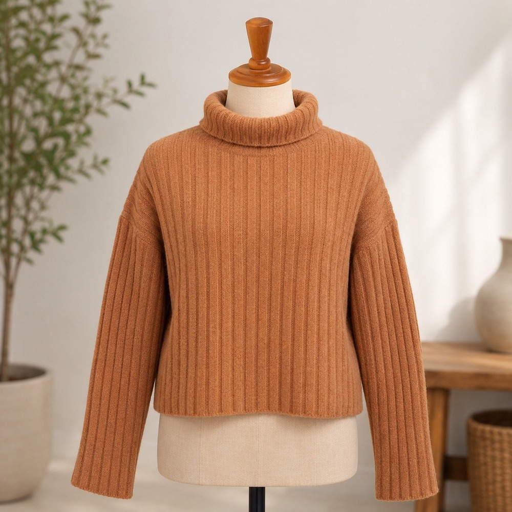 NWT Open Edit Turtleneck Sweater Small Brown Ribbed Knit Cropped Long Sleeve